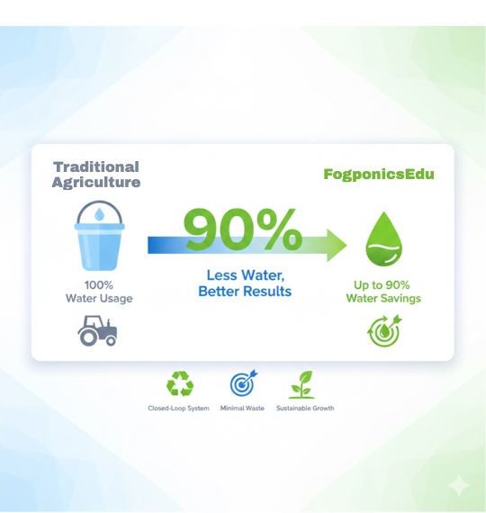Water conservation comparison: Traditional agriculture vs FogponicsEdu showing up to 90% water savings